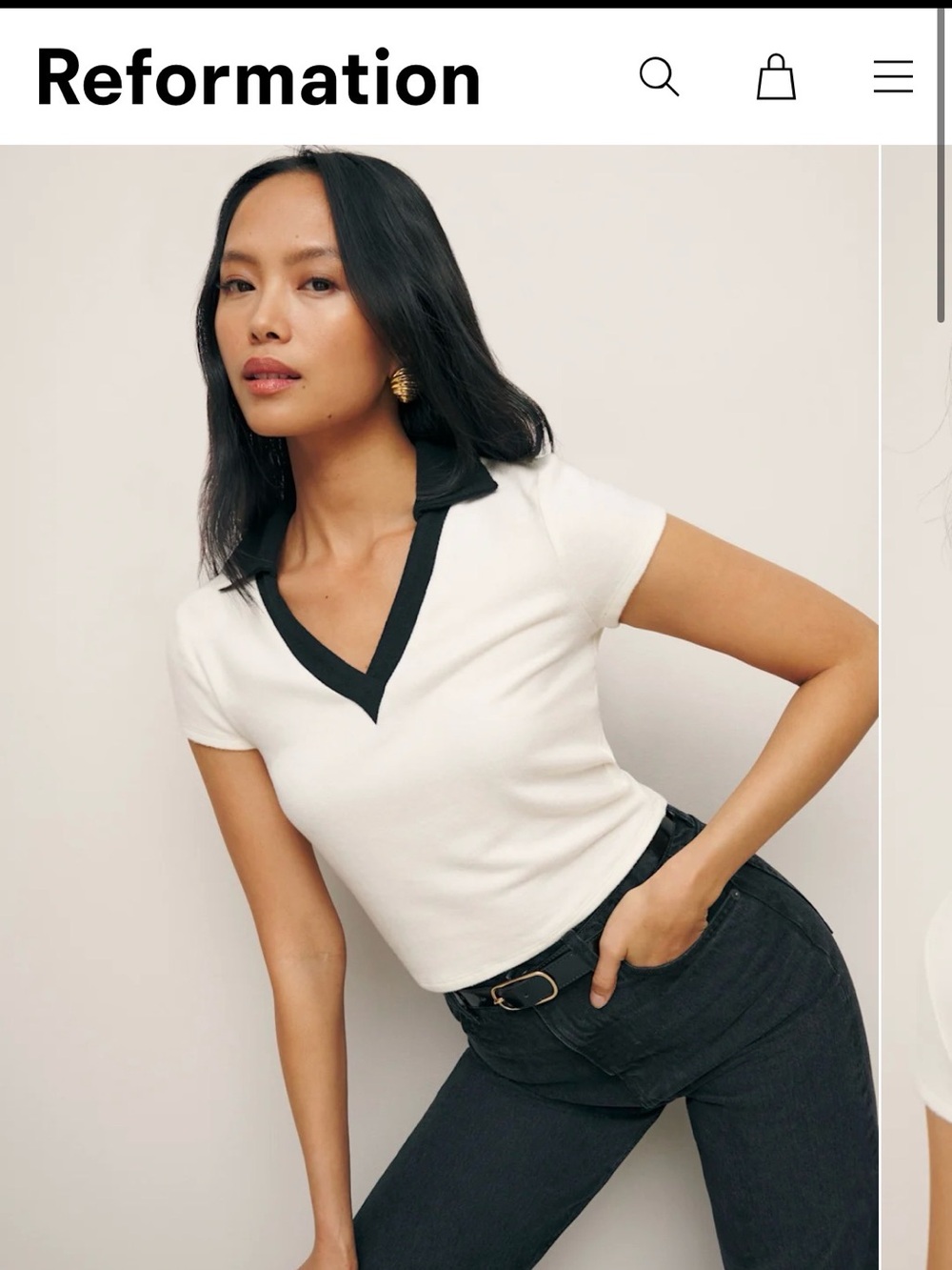 Reformation Layne Knit Top Cream Polo-Style V-Neck Top with Black Trim